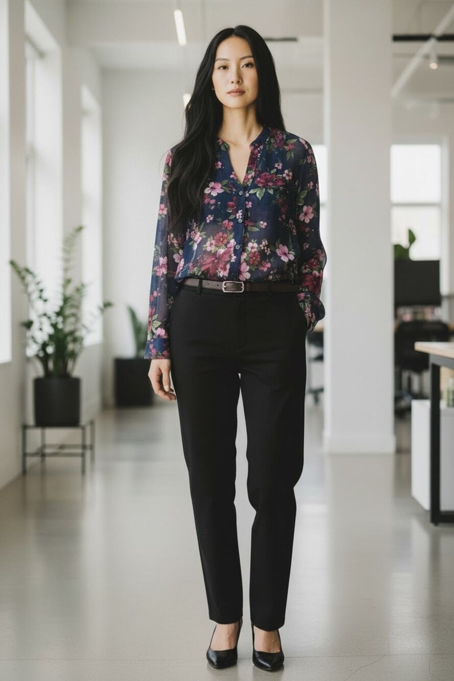 KUT from the Kloth Jasmine Blouse Small Navy Pink Floral Sheer Roll Tab Sleeve